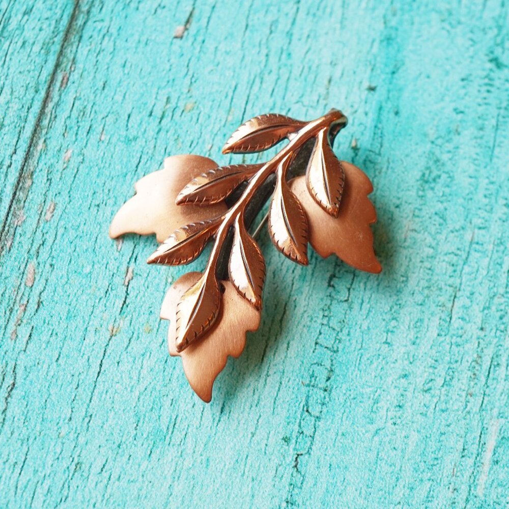 Mid-Century Renoir Copper Leaf Brooch – Signed, 2"